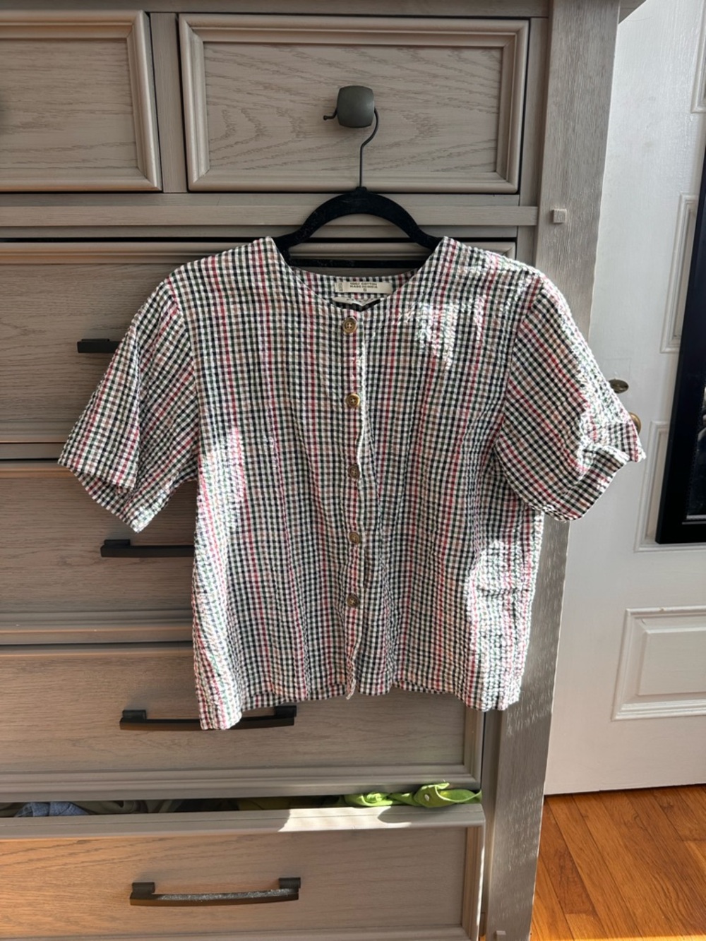 Orvis Multi-Check Cotton Button-Up Top in Red, Green, Brown & White